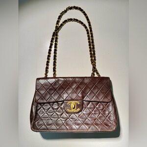 Chanel Authentic Xl Jumbo Chanel Brown Quilted leather purse